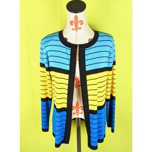 Exclusively Misook Womens M Blue Yellow Striped Acrylic Open Cardigan Sweater